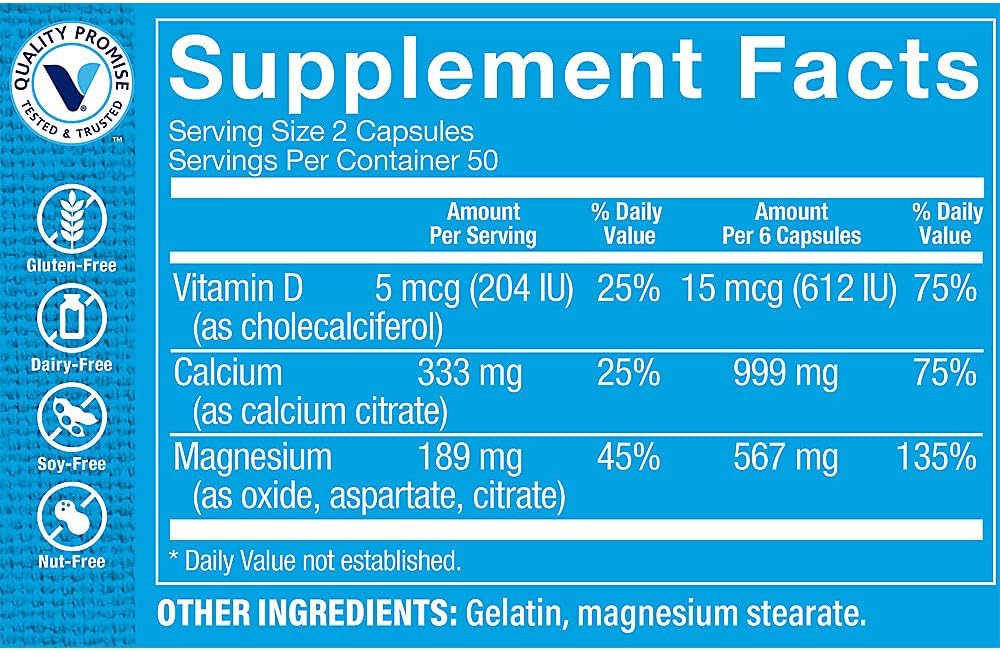 Calcium Citrate+Magnesium&Vitamin D,Multi-Mineral Bone Health Supplement,Vitamin D Aids Absorption, Calcium 999mg, Magnesium 567mg, Vitamin D 612IU per Daily dose (100 Capsules) by The Vitamin Shoppe