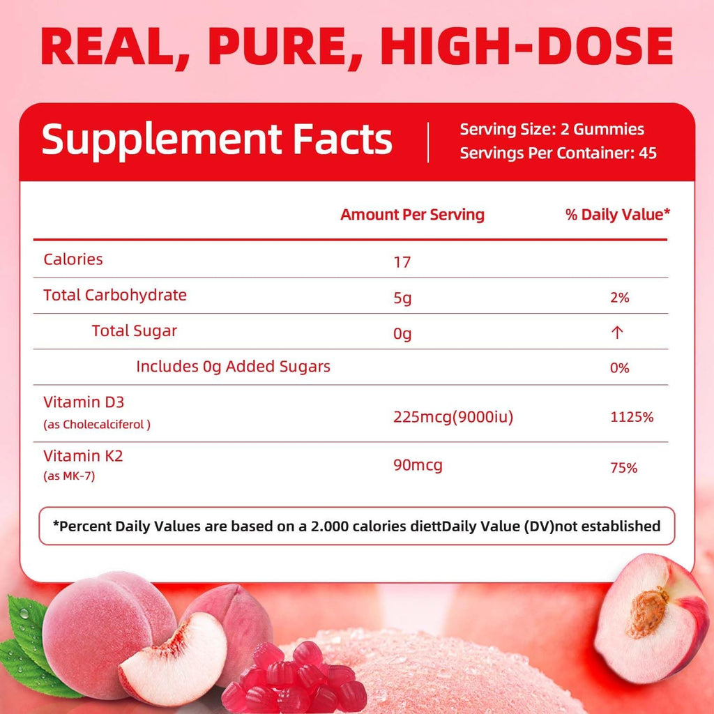 Vitamin D3 K2 Gummies Sugar Free, K2 D3 Vitamin Supplement 9000 IU for Adult Women Muscle Teeth Immune Support 90 Counts, Peach Flavor