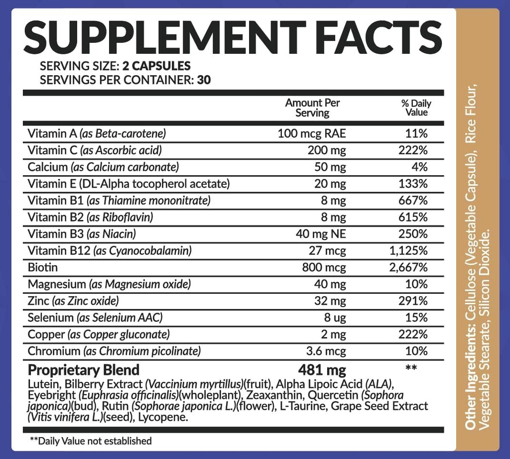 Bio Naturals Eye Vitamin Supplement with Lutein, Zeaxanthin, Lycopene, Bilberry, Quercetin & More - All Natural Proprietary Blend Supports Vision & Macular Health - 60 Veggie Capsules