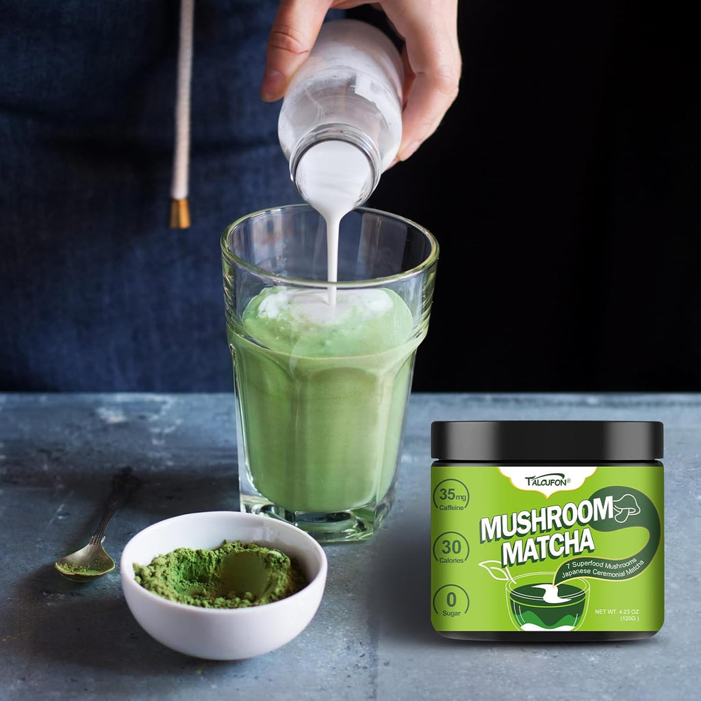 TALCUFON Mushroom Matcha 4.23 Oz, Japanese Ceremonial Matcha Blend 7 Superfood Mushrooms All Natural, Gluten Free, Taste Great Hot or Cold Latte 120G