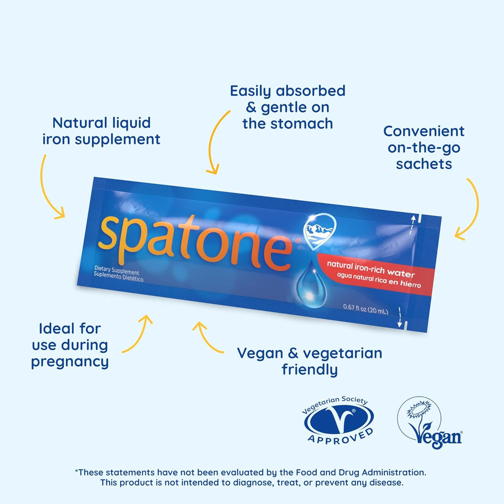 Spatone Natural Liquid Iron Supplement for Women - Men & Kids Ages 4+ - Ideal During Pregnancy - Easily Absorbed & Gentle - Vegan - Vegetarian - Original Flavor - 28-Day - 5mg of Iron Per 20mL Sachet