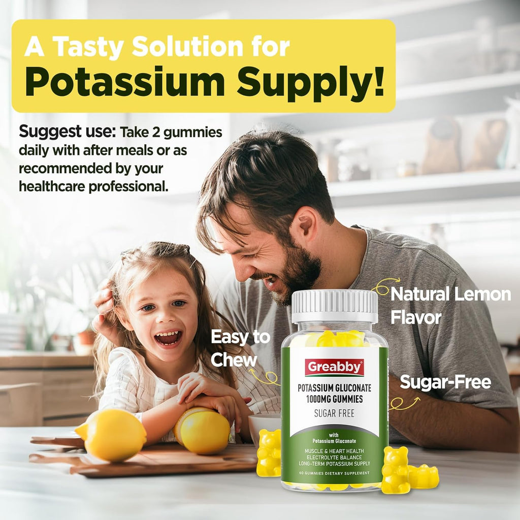 Potassium Gluconate 1000 mg Gummies, Electrolyte Gummies Sugar Free for Women & Men Adults, Support Muscle Cramps & Heart Health, Chewable Potassium Supplement, Vegan Source, 60 Count