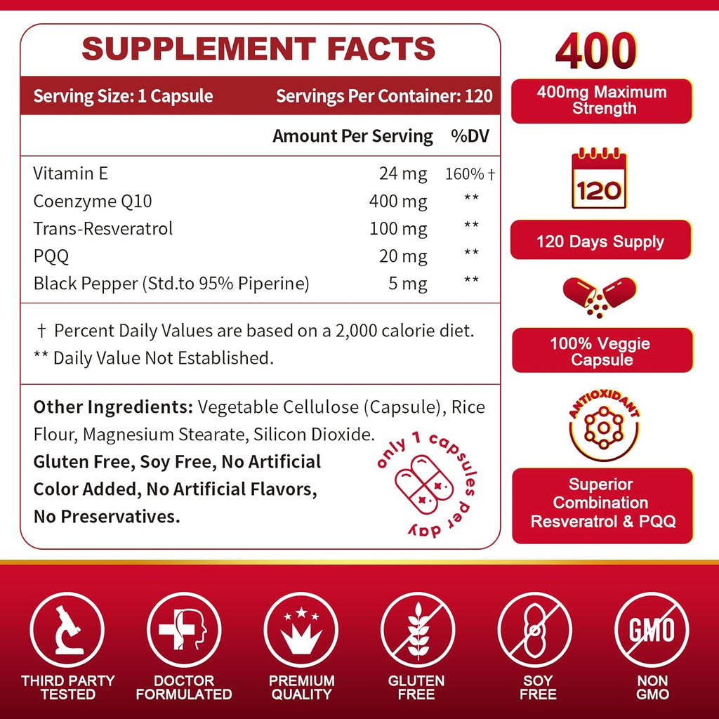 ZEBORA CoQ10-400mg with Trans-Resveratrol, PQQ & Vitamin E - High Absorption Coenzyme-Q10 with BioPerine - Powerful Antioxidant for Heart & Energy-Production,120 Veggie Capsules