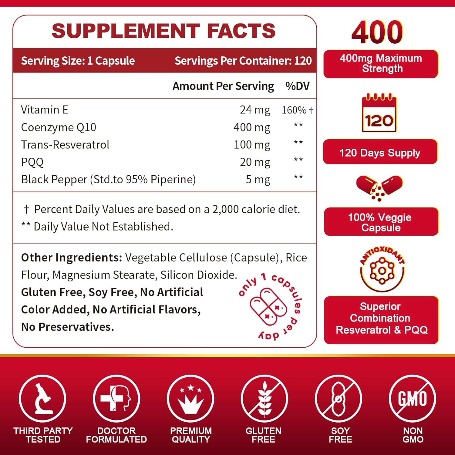 ZEBORA CoQ10-400mg with Trans-Resveratrol, PQQ & Vitamin E - High Absorption Coenzyme-Q10 with BioPerine - Powerful Antioxidant for Heart & Energy-Production,120 Veggie Capsules