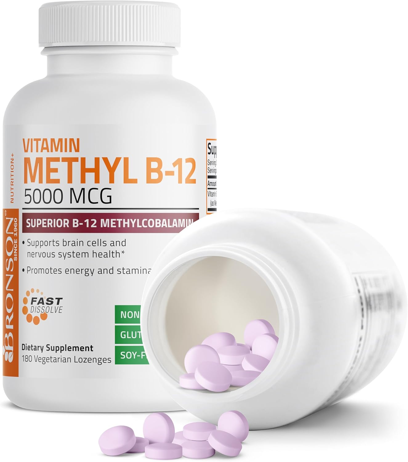 Bronson Methyl B12 5000 mcg Vitamin B12 Methylcobalamin Energy & Brain Support, 180 Lozenges
