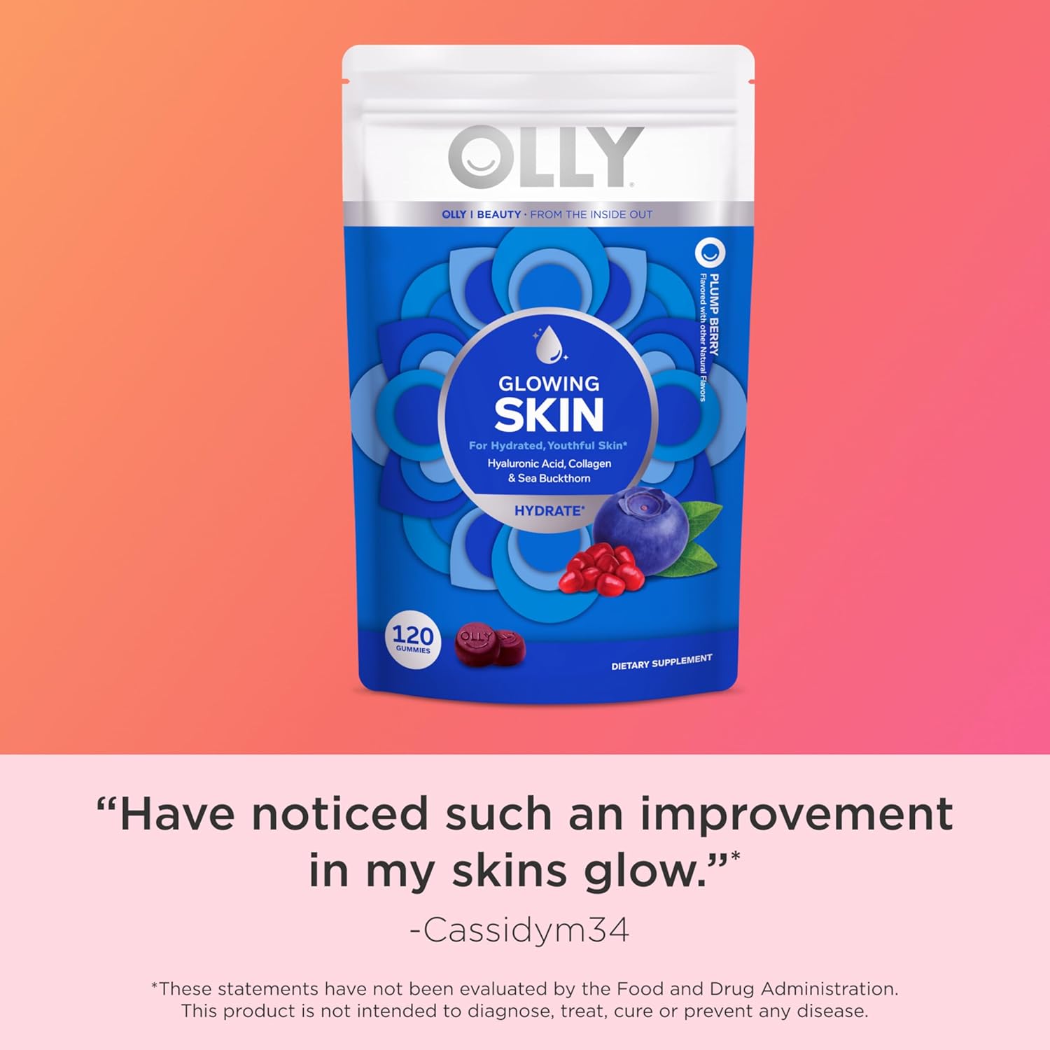OLLY Glowing Skin Collagen Gummy, Hydrated, Youthful Skin, Hyaluronic Acid, Sea Buckthorn, Chewable Supplement, Berry, 60 Day Supply - 120 Count Pouch