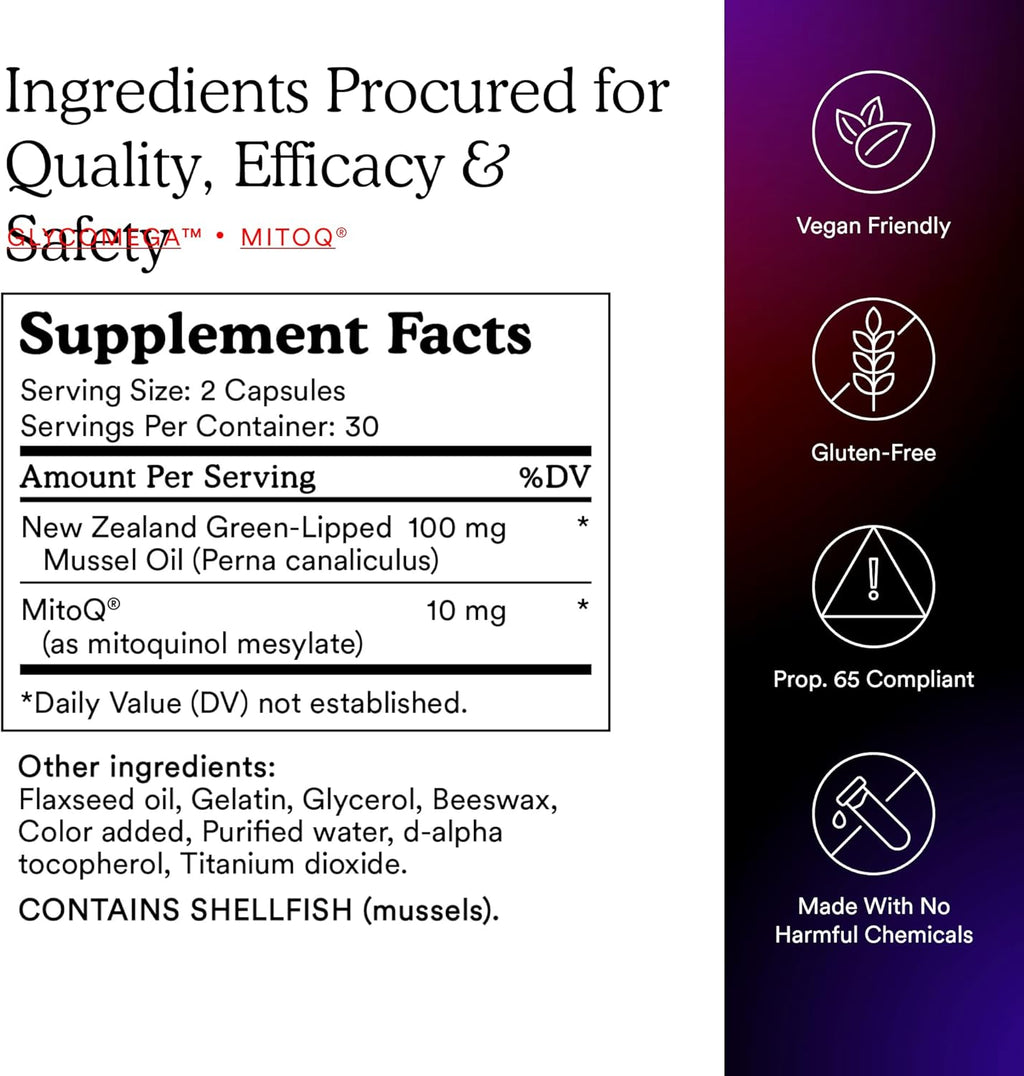 MitoQ +Joint Advanced CoQ10 Antioxidant Supplement - Contains Mitoquinol Mesylate & Green Lipped Mussel Omega Oil Extract - Supports Healthy Joint, Mobility and Cell Vitality (60 Softgel Capsules)