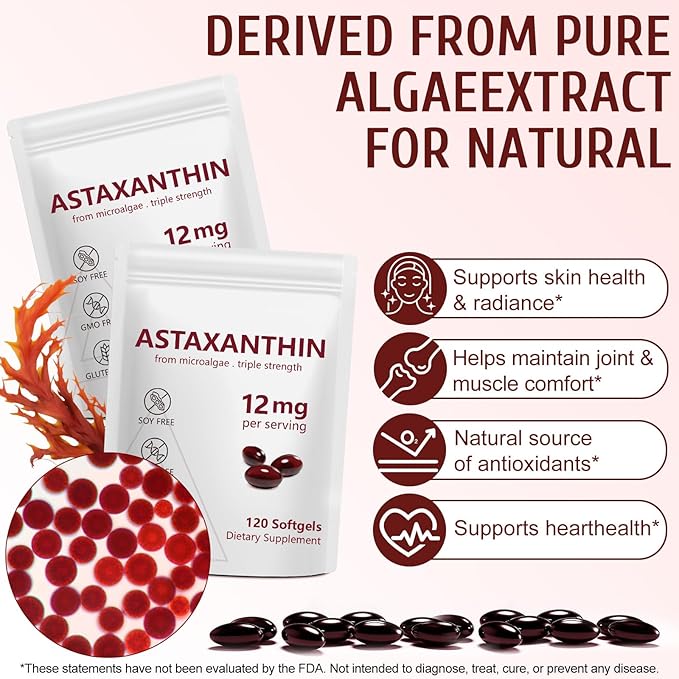 Astaxanthin Supplements 12mg 120 Softgels,Premium Astaxanthin Antioxidant Supplements,Triple Strength Skin Vitamins with Antioxidant Activity,Supports Eye, Joint, Brain, Heart & Immune System (1) (1)