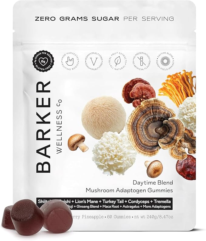 Barker Wellness Adaptogen Mushroom Gummies with Lion's Mane, Cordyceps, Reishi & Shiitake | Vegan Sugar-Free Immune System Support, Natural Energy, Enhanced Focus & Mood for Adults | 60 Count