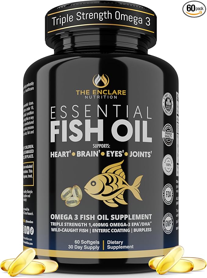 Fish Oil Supplement Omega 3 for Women & Men – Triple Strength 1,400mg Omega-3 EPA/DHA - Burpless Wild-Caught Omegas 3-6-9 for Heart, Brain, Eye & Joint Support – 60 Softgels