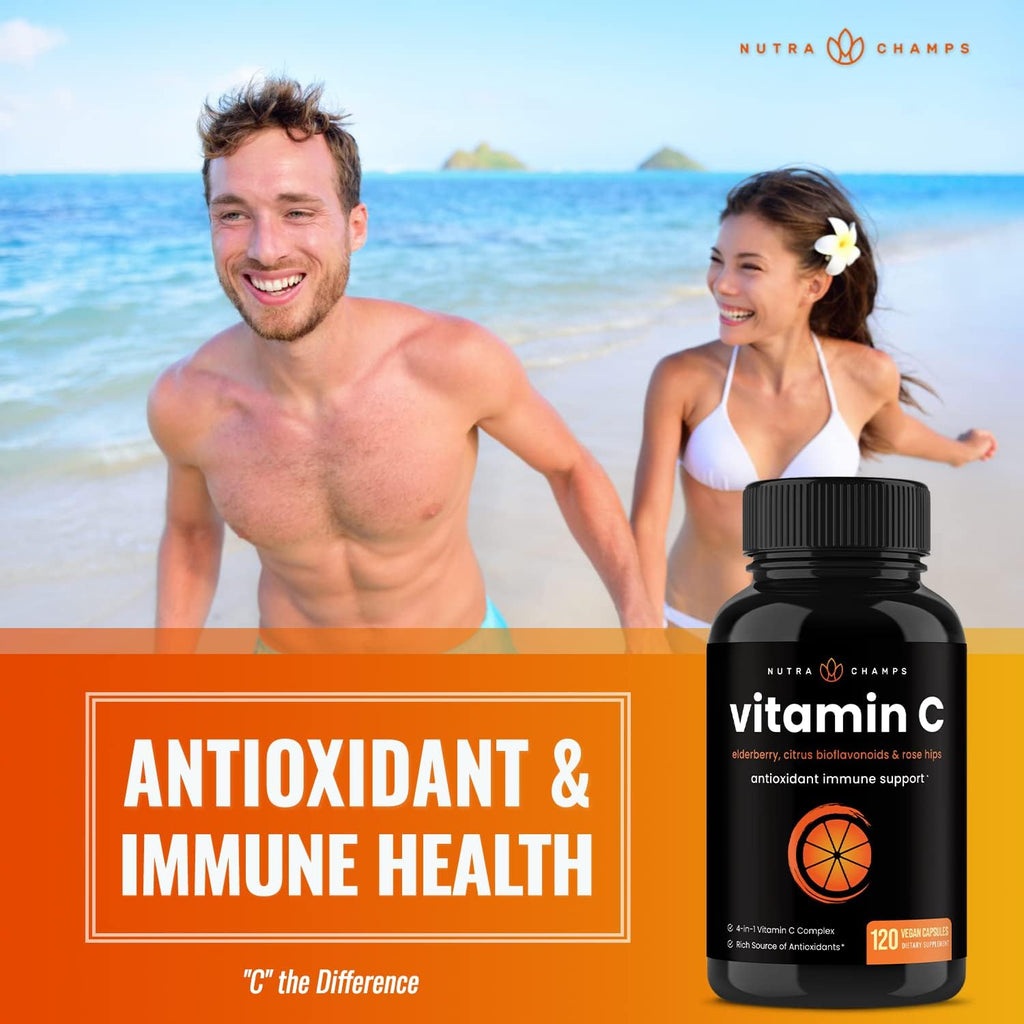NutraChamps Vitamin C 1000mg with Rose HIPS, Vitamin C Supplement with Elderberry & Citrus Bioflavonoids, Kids Immune Boosting Supplement, 500mg Vitamin C Capsules Pill