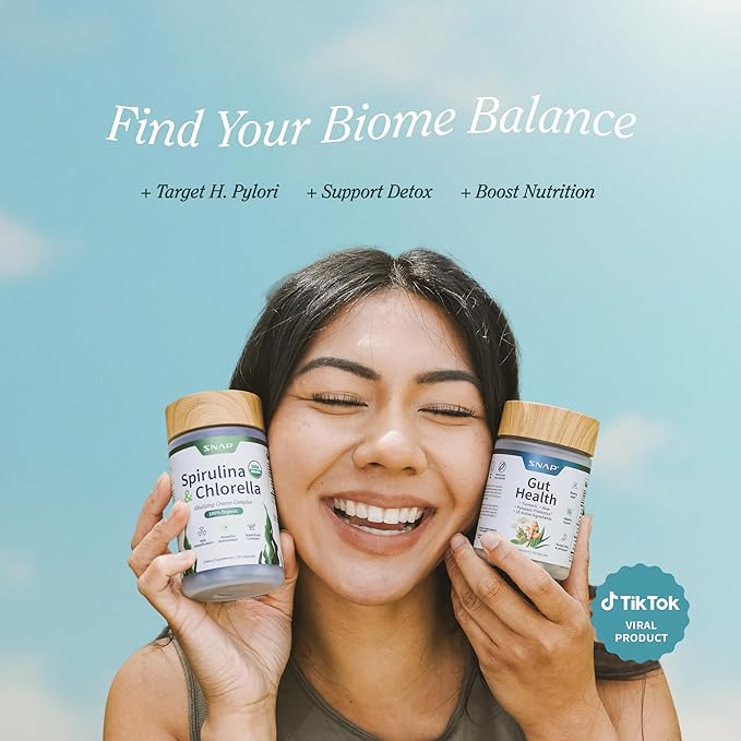 Snap Supplements Gut Health & Organic Spirulina Chlorella Bundle–Probiotic + Digestive Enzymes + Greens–Supports Digestion, Detox, Energy & Immune Health, 50 + 120 Vegetarian Capsules (1 Month Supply)