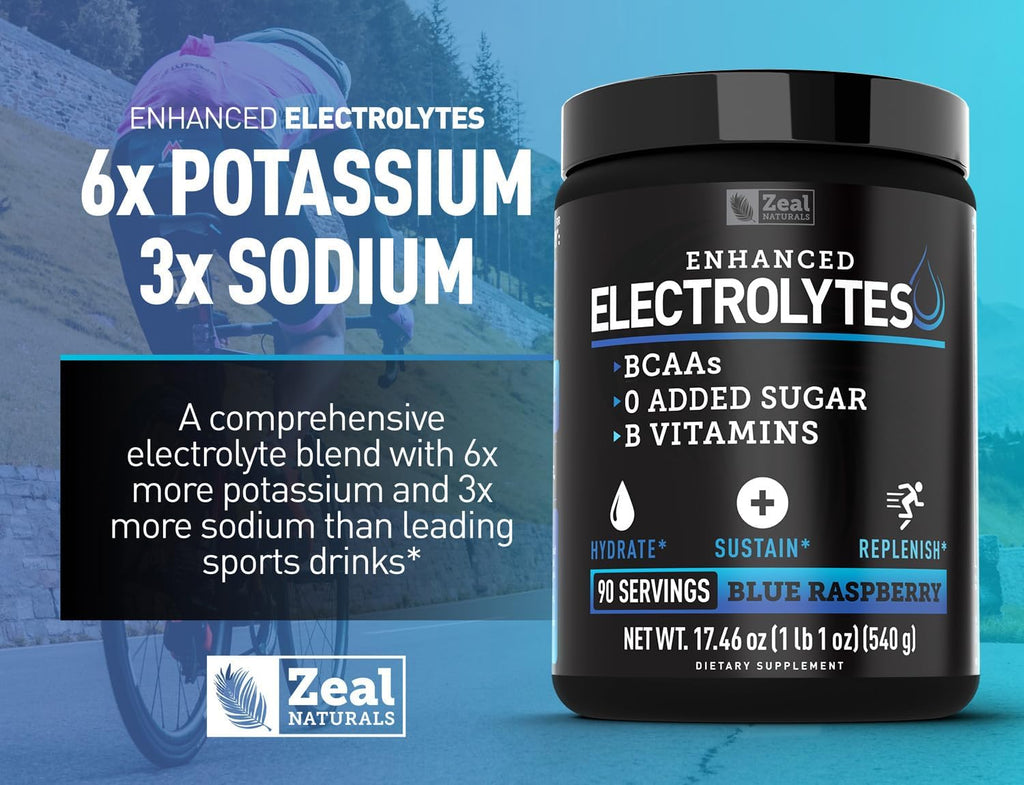 Zeal Electrolyte Powder - 90 Servings | Keto Electrolytes Powder | Zero Sugar, BCAAs, B-Vitamins | Potassium, Zinc, Magnesium | Hydration Powder Recovery Drink | Blue Raspberry