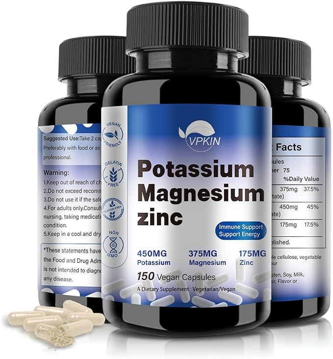 Potassium Magnesium Supplement 1000mg, Magnesium Potassium Zinc Aspartate,Non-GMO, Vegan, (150 Capsules)