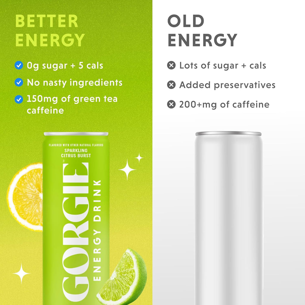 GORGIE Sugar Free Natural Energy Drinks, Sparkling Citrus Burst (12 Pack) - Healthy Energy Drinks - Natural Coffee Replacement with Green Tea Caffeine and Biotin - 150mg Caffeine, Vegan, & Low Calorie