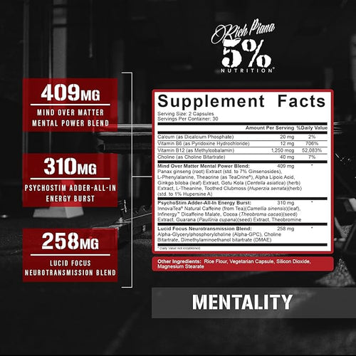 5% Nutrition Rich Piana Mentality Nootropic Blend | Brain Booster Supplement for Performance, Memory, Mental Clarity | Ginseng, Ginkgo, L-Theanine, Choline, Huperzine, 60 Capsules (30 Day Supply)