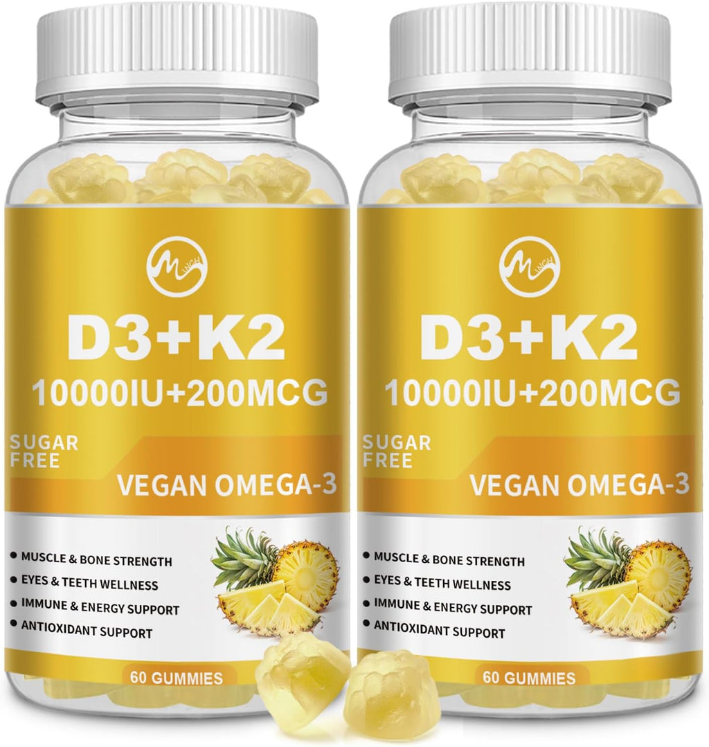 Vitamin D3 K2 Gummies, Vitamin D3 10000IU, K2 (MK-7) 200mcg, 6-in-1 Vitamina D3 Con K2 Supplement with Omega-3, Magnesium, Calcium and Zinc for Bones, Teeth & Immune Support, Sugar Free, 2 Packs