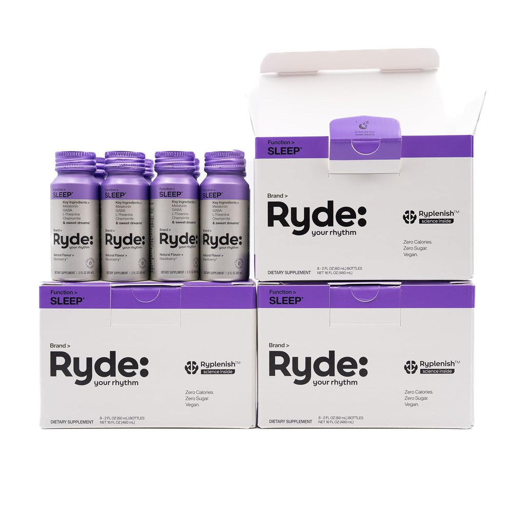 Ryde: SLEEP | 2oz Sleep Shot for Occasional Use | Melatonin, GABA, L-Theanine & Chamomile | Blackberry Natural Flavor | Sugar-Free, Zero Calories, Vegan | Manufactured in USA (24 Pack)