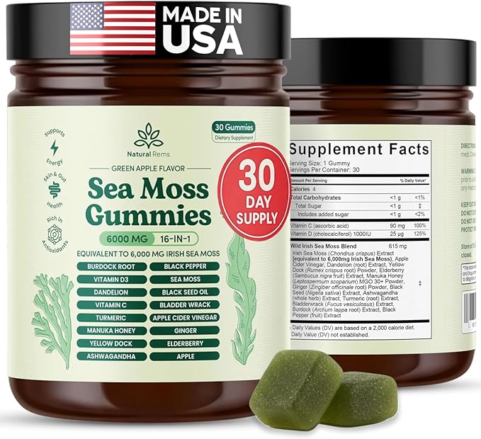 Natural Rems Sea Moss Gummies 16-in-1 - Ashwagandha Black Seed Oil Bladder Wrack Turmeric Vitamin C & D3 with Manuka Burdock Root Dandelion Yellow Dock Elderberry Apple Cider Vinegar (Green Apple)