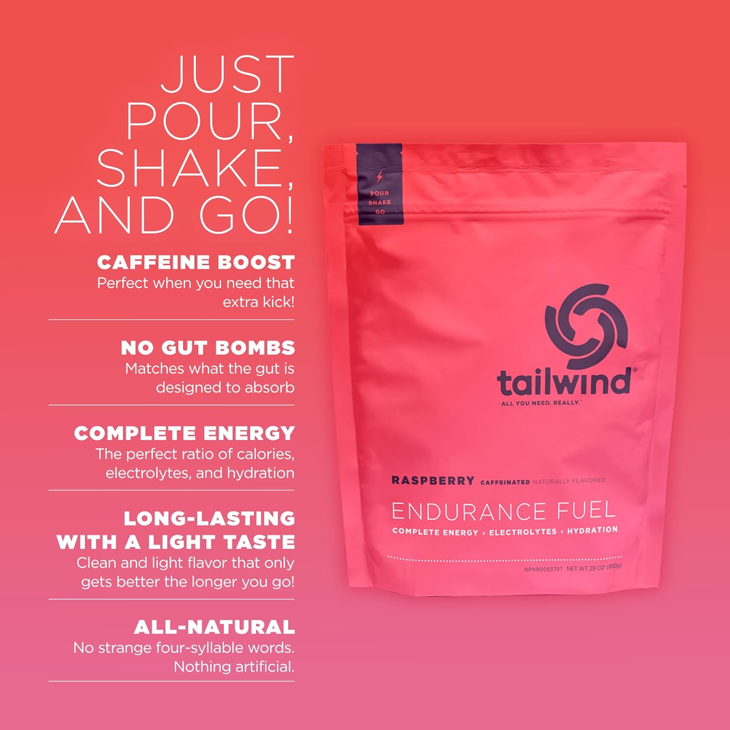 Tailwind Nutrition Endurance Fuel, Carbohydrate & Electrolyte Sports Drink Mix Powder, Gluten-Free, Vegan, Raspberry Buzz, 30 Servings (Caffeinated)