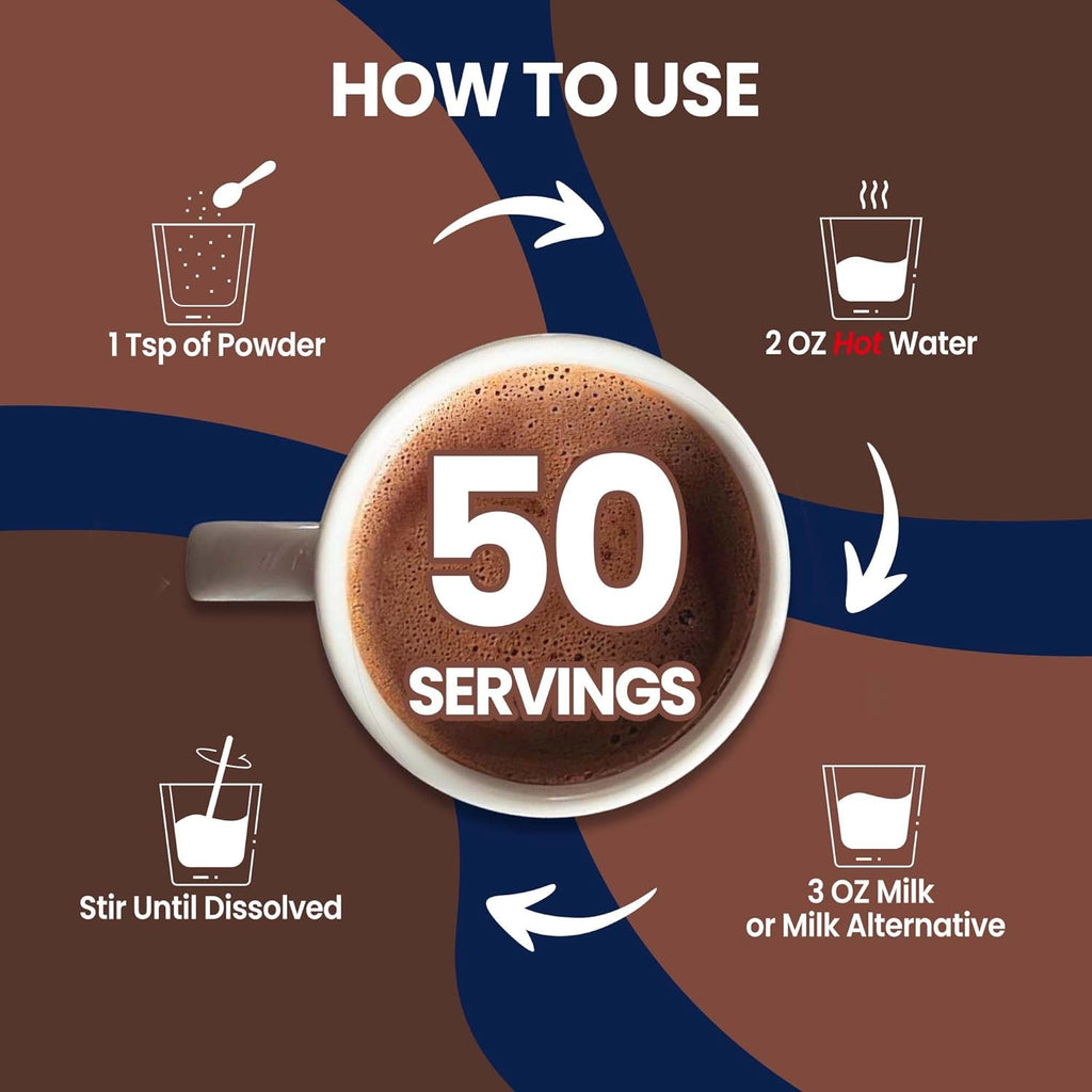 Mushroom Hot Chocolate, 50 Servings Cocoa Powder | 10 Mushrooms Supplements with Moringa Extract, DHA, Green Tea & Ginkgo Biloba | Support Focus & Gut Health | Vegan & Keto, Gluten-Free