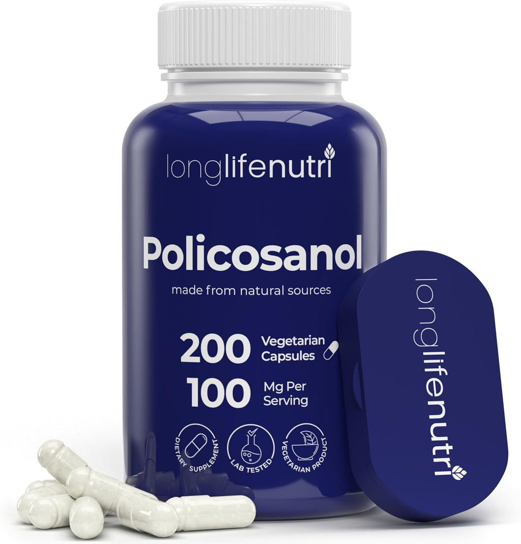 Policosanol 100mg - 200 Vegetarian Capsules, Natural Sugar Cane Supplement for Balanced Cholesterol, 3-Month Supply, Non-GMO, Lab Tested, Made in USA