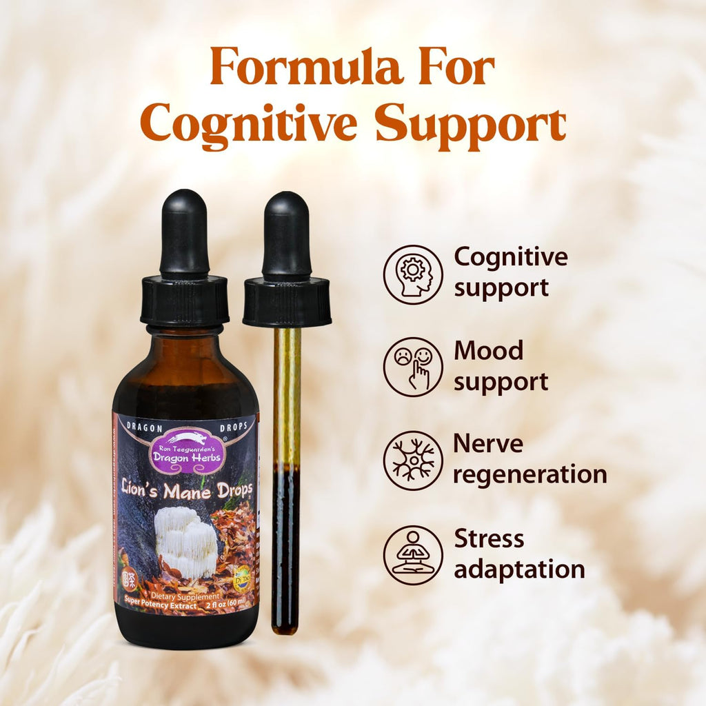 Dragon Herbs Lion's Mane Drops • Mushroom Supplement • Supports The Brain & Nervous System • Adaptogen for Mood Health • Triple Extraction, Fast Acting, Super Potency • Vegan, 2 fl oz 60ml • Tincture