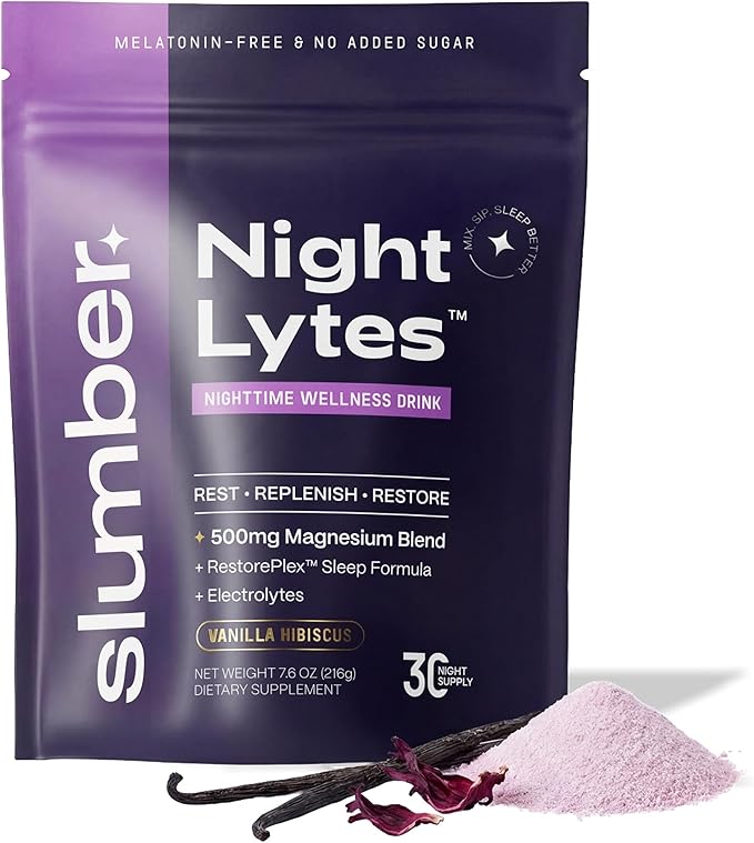 Slumber Night Lytes Magnesium Sleep Powder Drink Mix, Vanilla Hibiscus Flavor, Magnesium Glycinate, L-Theanine, Vitamin D3, Zinc, Sugar Free, Vegan, 30 Servings