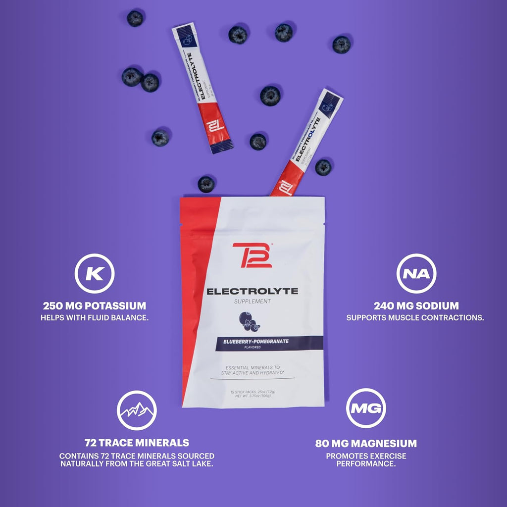 TB12 Electrolytes Powder Packets Blueberry Pomegranate – Mineral-Rich Electrolyte Powder for Fast Hydration by Tom Brady - Natural, Low Sugar, Vegan, Gluten-Free, Easy to Mix - 15 Stickpacks