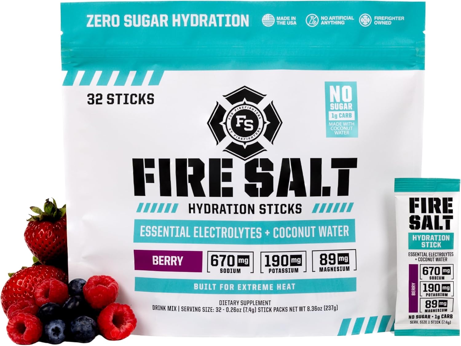 Fire Science Fire Salt Hydration Sticks, Electrolytes & Coconut Water, Hydration Drink Mix with Magnesium, Potassium & Sodium, Zero Sugar, Single Serve On The Go Packs, Berry Flavor, 32 Count