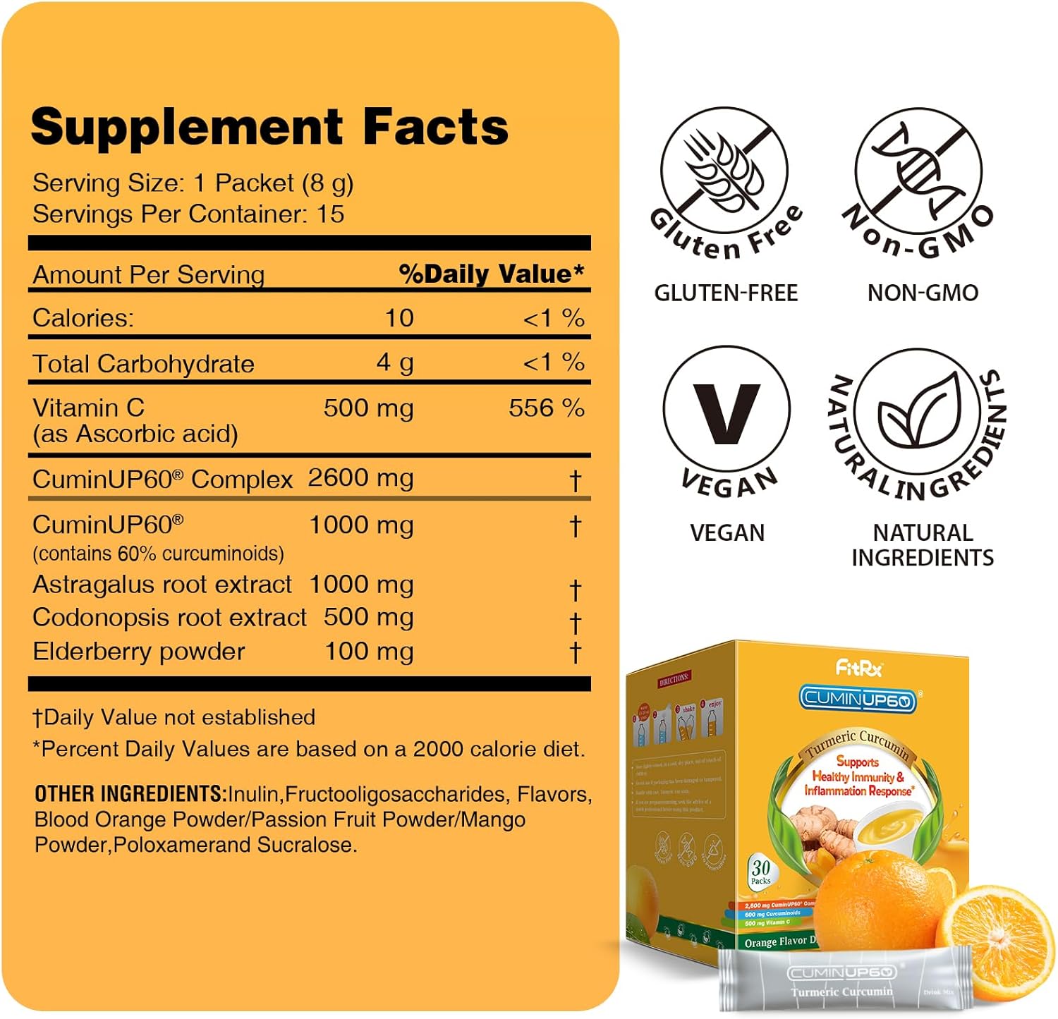 Turmeric Curcumin Drink Powder, Turmeric Shots with Vitamin C for Immunity, Orange Flavor Instant Drink Mix Packets, High Absorption Curcumin Complex, Immune & Recovery, Joint Support Supplement
