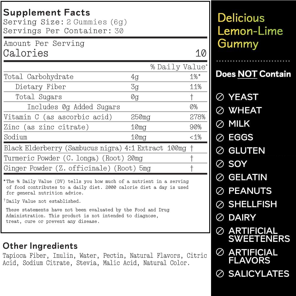 Barker Wellness Immunity Gummies | Vitamin C, Zinc, Elderberry, Turmeric & Ginger | Immune Support | Vegan, Sugar-Free | Lemon Lime Flavor | 60 Gummies