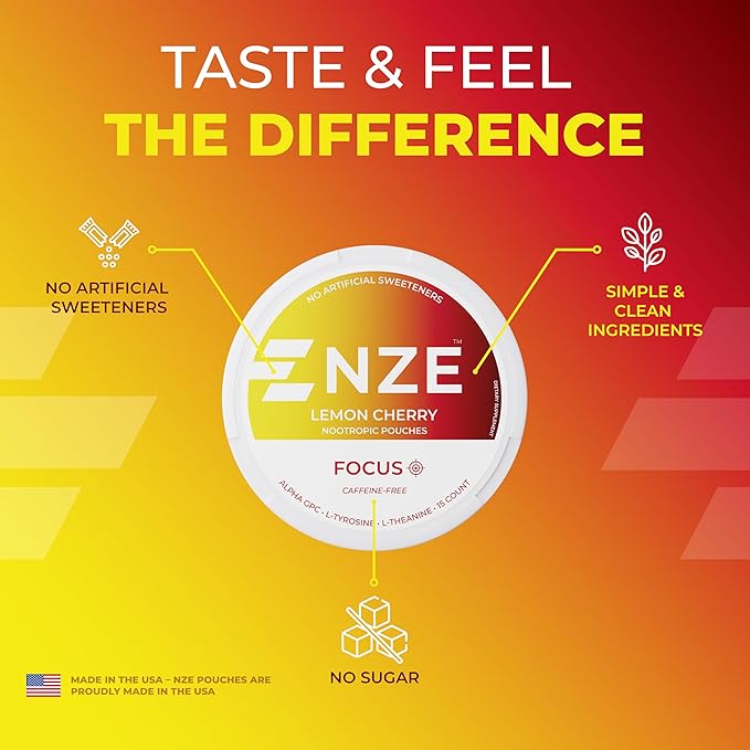 NZE Caffeine Free Nootropic Pouches (Lemon Cherry) - Nootropic Pouches with Alpha GPC, L-Tyrosine & L-Theanine - No Sugar or Artificial Sweeteners - 15 Pouches Per Can - 5 Pack