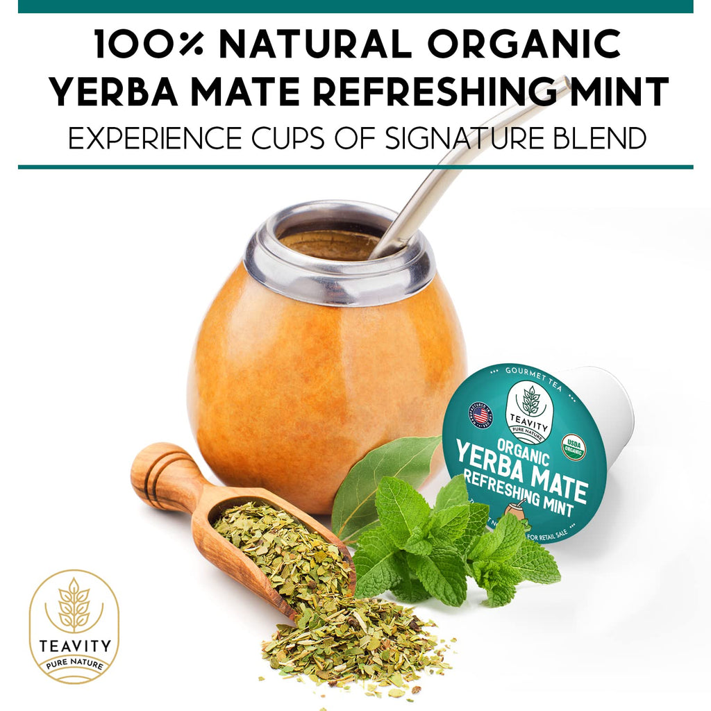 Organic Yerba Mate Refreshing Mint Tea Pods - Naturally Caffeinated Yerba Mate Tea Pod for Keurig Brewers by Teavity (12 Tea Pods)