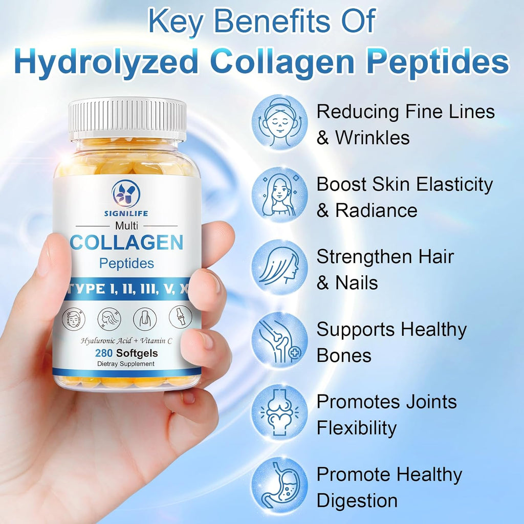 Multi Collagen Peptides for Women & Men, Hydrolyzed Collagen Peptides-Type I, II, III, V, X - with Hyaluronic Acid,Vitamin C,Biotin,Supports Skin Hair Nail, Non-GMO,560 Softgels