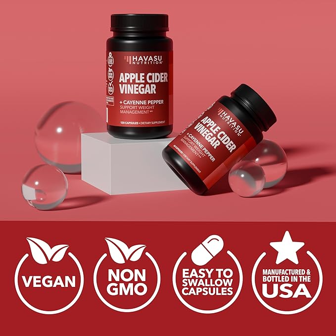HAVASU NUTRITION Apple Cider Vinegar Capsules with 500mg Apple Cider Vinegar and 20mg Cayenne Pepper - Bloating Relief and Appetite Suppressant; Non-GMO; 60 Capsules for Men and Women