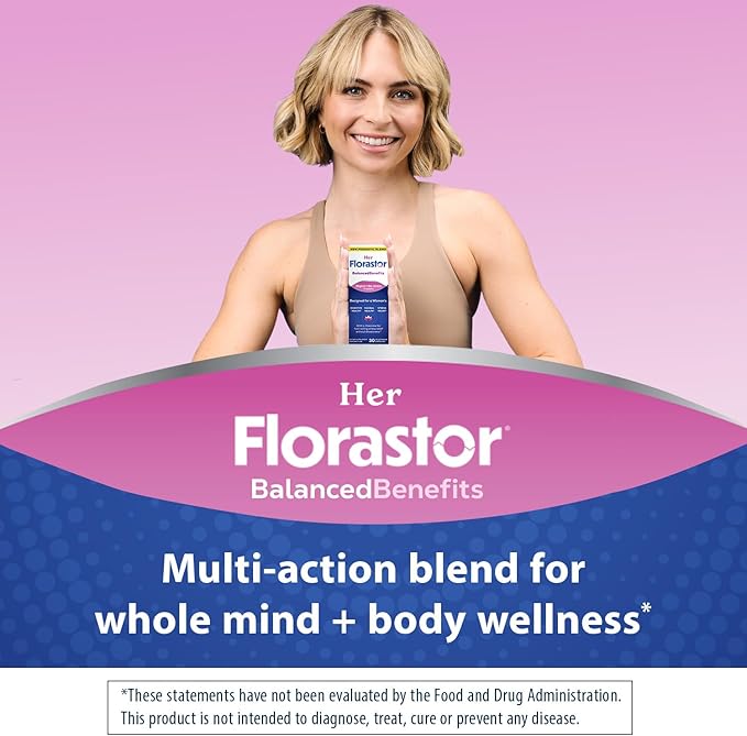 Florastor Probiotics for Women, Digest and De-Stress, Probiotics for Digestive Health, Vaginal Probiotic, and L-Theanine for Mind and Body Wellness, 60 Capsules