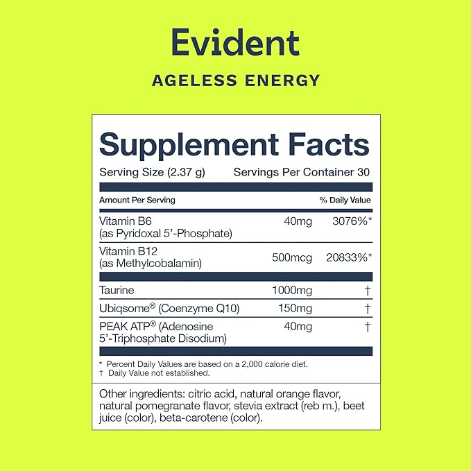 Ageless Energy Powder – CoQ10 Supplement w/Taurine, Vitamins B6 & B12 & ATP – Helps Improve Energy & Heart Function, Reduce Muscle Fatigue – 30 Stick Packs, Orange Pomegranate