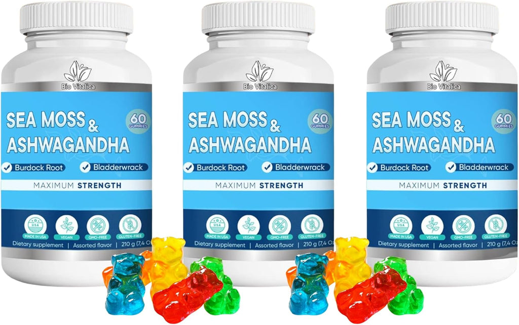 BIO VITALICA Sea Moss Ashwagandha Gummies - Organic Irish Seamoss & Ashwa Root Powder Supplements for Supporting Energy & Immunity for Men and Women - 3 Packs