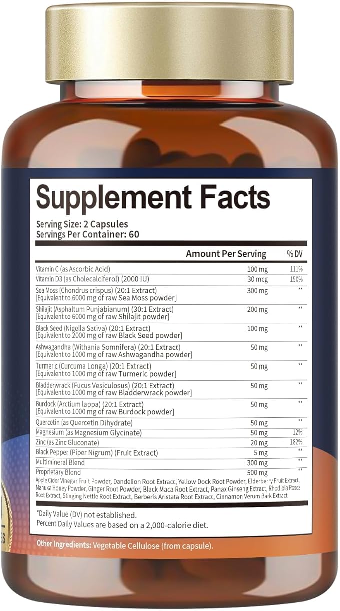 25-in-1 Sea Moss Black Seed Oil Ashwagandha Ginger Shilajit Supplement, Sea Moss Capsules Pro with Bladder Burdock Ceylon Cinnamon Berberine ACV Manuka VIT C & D3 for Men Women, 120 Vegan Caps