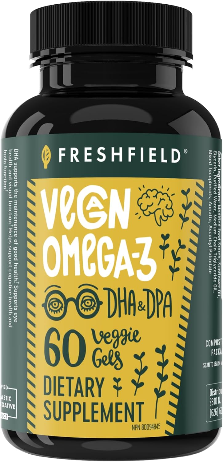 Freshfield Vegan Omega 3 DHA: Algae Oil, Most Reviewed, Carrageenan Free, Sustainably Sourced, Tested, No Heavy Metals, Fish Oil Alt, Plant Based Omega. Supports Heart, Brain, Joint Health w/DPA