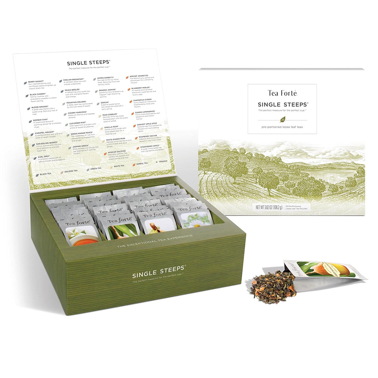 Tea Forte Classic Assortment Single Steeps Loose Leaf Premium Tea Gift Set Sampler, 28 Count Assorted Blends Pre-Portioned Single Serve Pouches, Steeps 12 oz