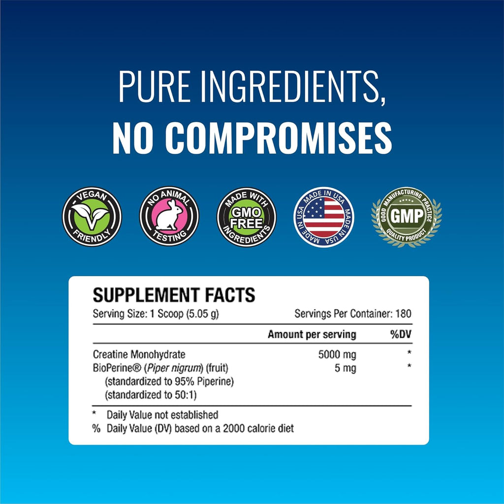 Approved Science Creatine Monohydrate Powder with BioPerine - Supports Lean Muscle Growth and Recovery - 360 Servings - 5000mg Per Serving - Unflavored - Non-GMO, Vegan