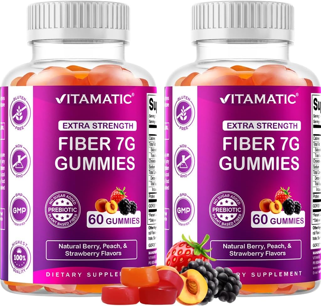 Vitamatic Prebiotic Fiber Gummies for Adults – 2 Pack (Total 120 Gummies) 7g Fiber per Serving | Extra Strength | Zero Sugar Added | Pectin-Based | Digestive Health & Regularity Support