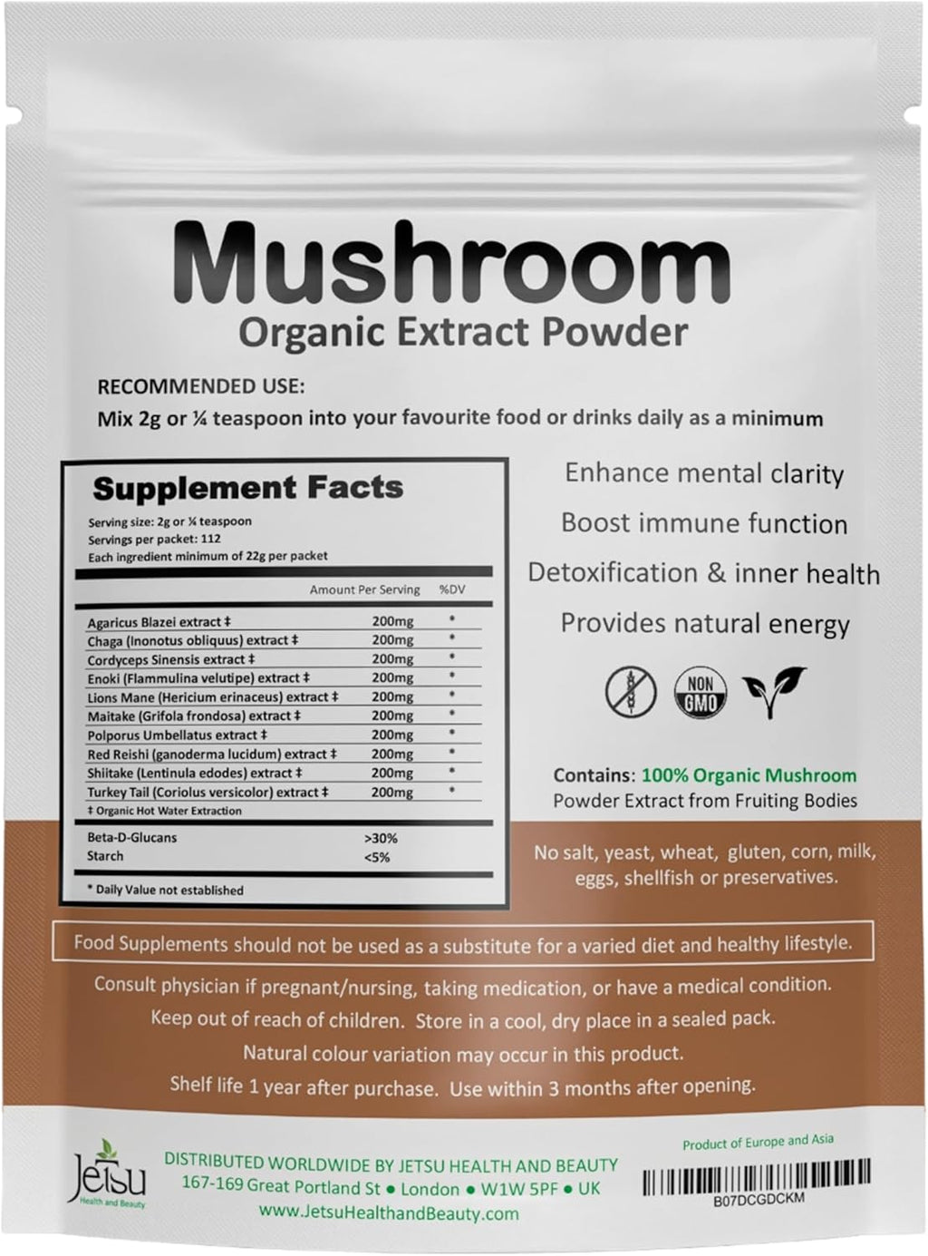 Mushroom Extract Powder - Powerful 10 Blend, Organic Lions Mane, Cordyceps, Reishi, Shiitake, Turkey Tail Mushrooms Nootropic Brain Supplement for Energy, Calm, Focus & Immune System Booster