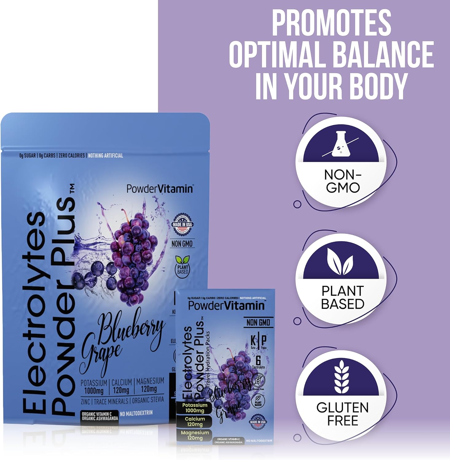 PowderVitamin Electrolytes Powder Plus, Keto, Blueberry Grape, Sugar Free, Pink Himalayan Salt, 1000mg Potassium, 120mg Calcium, 120mg Magnesium, Non-GMO, Zero Calories, (16 Hydration Packets)