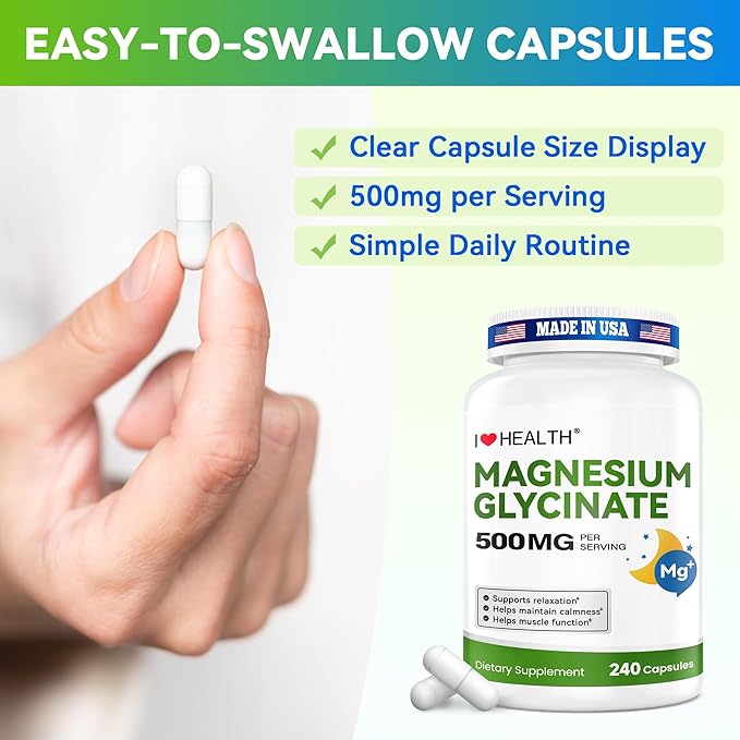 Magnesium Glycinate 500mg per Capsule – 240 Capsules – High Absorption Magnesium Supplement for Relaxation, Calmness & Muscle Support – Gentle on Stomach – Made in USA