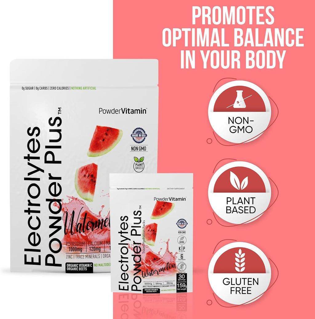 PowderVitamin Electrolytes Powder Plus, Keto, Watermelon, Sugar Free, Pink Himalayan Salt, 1000mg Potassium, 120mg Calcium, 120mg Magnesium, Non-GMO, Zero Calories, (16 Hydration Packets)