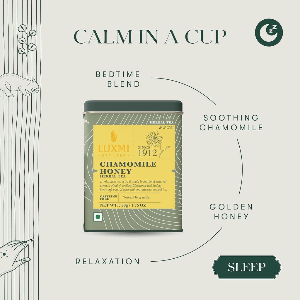 Luxmi Estates - Chamomile Honey Herbal Tea - 50g (25 Cups) | Certified Organic Tea | Caffeine-Free