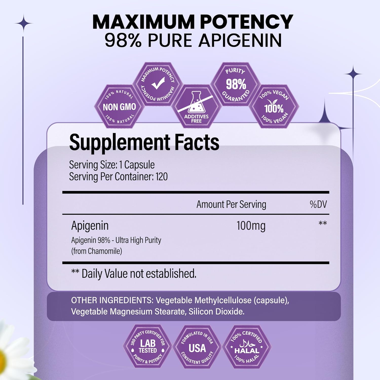 Apigenin Supplement 100mg from Chamomile Extract 120 Count - 98% purity- Apigenin Supplement for Sleep, Mood, Cognition, Prostate health - Excellent sleep aid, Non-GMO, No Fillers - 4-Month Supply
